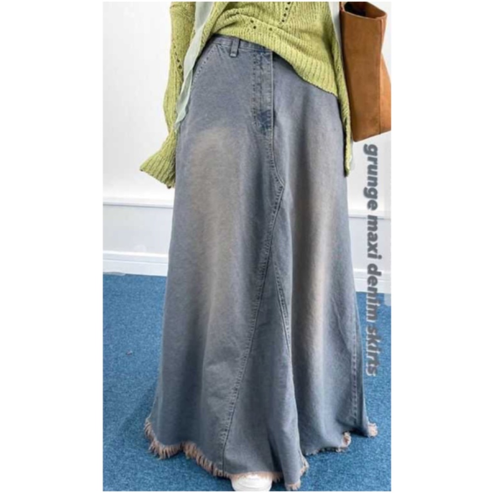 Boho Light Wash Raw hem Jean Denim Pockets Maxi Skirt